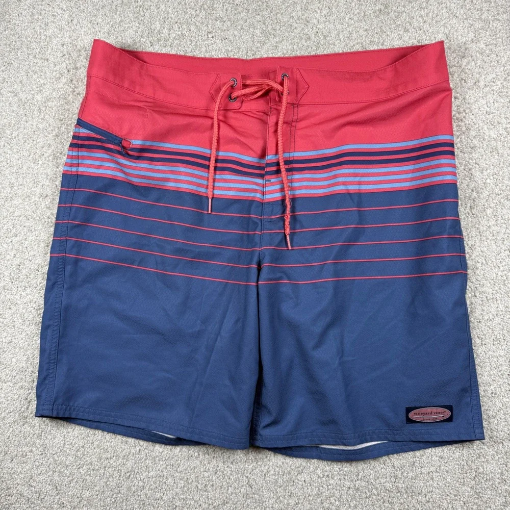 Vineyard Vines Board Shorts Mens 36 Red Navy Blue Striped Swim Trunks